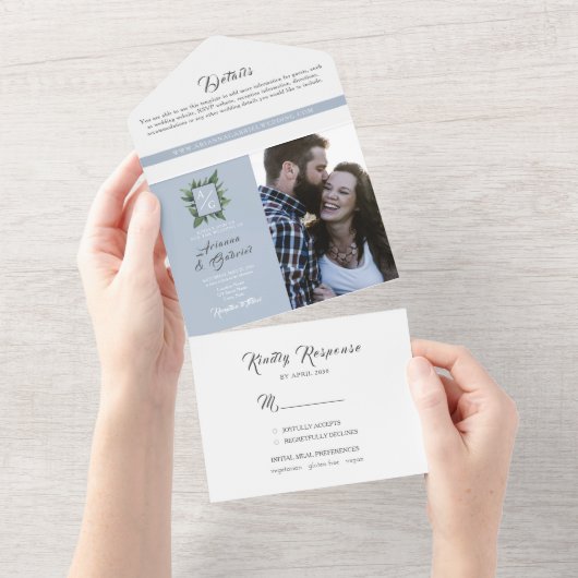 Dusty Blue Elegant Greenery Wedding All In One Uitnodiging (Afscheurbaar)