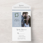 Dusty Blue Elegant Greenery Wedding All In One Uitnodiging (Binnen)