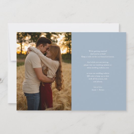 Dusty Blue Elegant Hart Script Foto Bruiloft Save The Date (Achterkant)