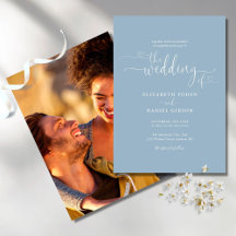 Dusty Blue Elegant Hearts Script Photo Weddenschap