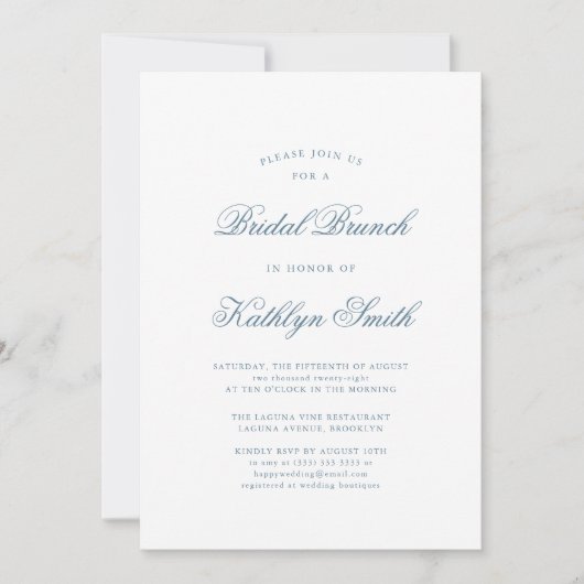 Dusty Blue Elegant Klassiek Script Bridal Brunch Kaart (Voorkant)