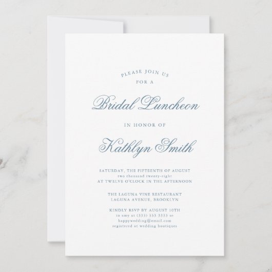 Dusty Blue Elegant Klassiek Script Bruids Luncheon Kaart (Voorkant)