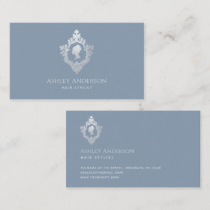Dusty Blue Elegant Lady Crest Faux Silver Visitekaartje