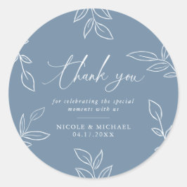 Dusty Blue Elegant Leaves Weddenschap Bedankt Ronde Sticker