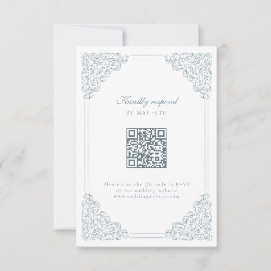 Dusty Blue Elegant Lijst QR Code Wedding RSVP Kaartje (Voorkant)