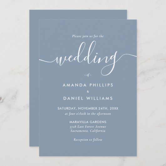Dusty Blue Elegant Modern Script Wedding Kaart (Voorkant / Achterkant)