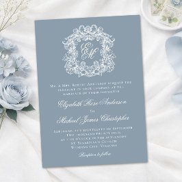 Dusty Blue Elegant Monogram Crest Wedding Kaart