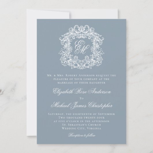 Dusty Blue Elegant Monogram Crest Wedding Kaart (Voorkant)
