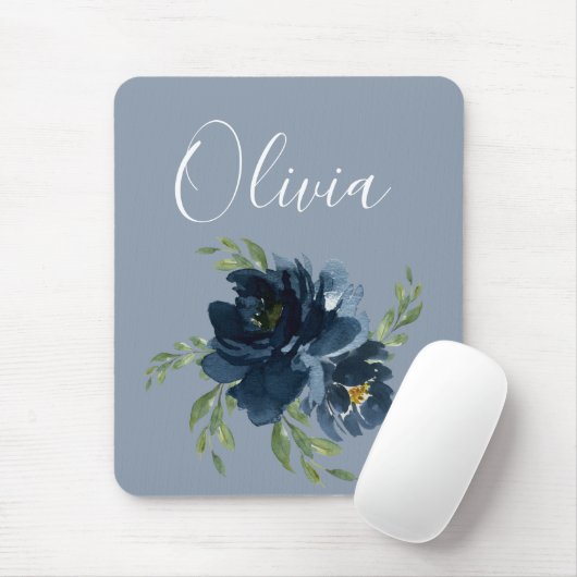 Dusty Blue Elegant Name Floral Waterverf Modern Muismat (Met muis)