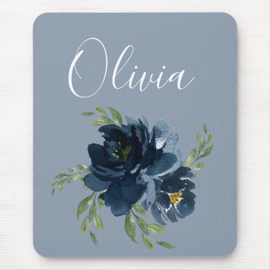 Dusty Blue Elegant Name Floral Waterverf Modern Muismat (Voorkant)