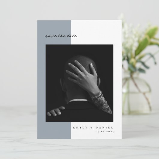 Dusty Blue Elegant Photo Save the date Uitnodiging (Staand voorkant)