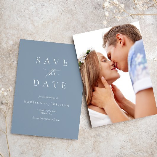 Dusty Blue Elegant Photo Wedding Bewaar de datum Save The Date