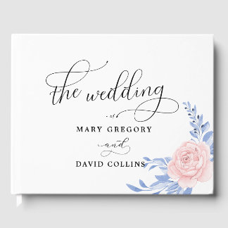 Dusty Blue Elegant Pink Floral Rustic Wedding Gastenboek