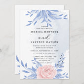 Dusty Blue Elegant Pink Floral Rustic Wedding Kaart (Voorkant / Achterkant)