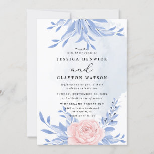 Dusty Blue Elegant Pink Floral Rustic Wedding Kaart