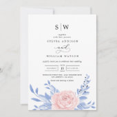 Dusty Blue Elegant Pink Floral Rustic Wedding Kaart (Voorkant)