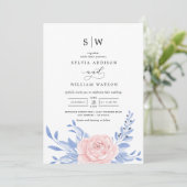 Dusty Blue Elegant Pink Floral Rustic Wedding Kaart (Staand voorkant)