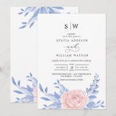 Dusty Blue Elegant Pink Floral Rustic Wedding Kaart (Voorkant / Achterkant)