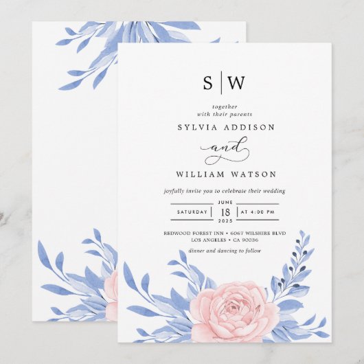 Dusty Blue Elegant Pink Floral Rustic Wedding Kaart (Voorkant / Achterkant)