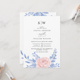Dusty Blue Elegant Pink Floral Rustic Wedding Kaart