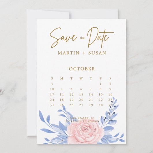 Dusty Blue Elegant Pink Floral Rustic Wedding Save The Date (Voorkant)