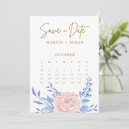 Dusty Blue Elegant Pink Floral Rustic Wedding Save The Date (Staand voorkant)