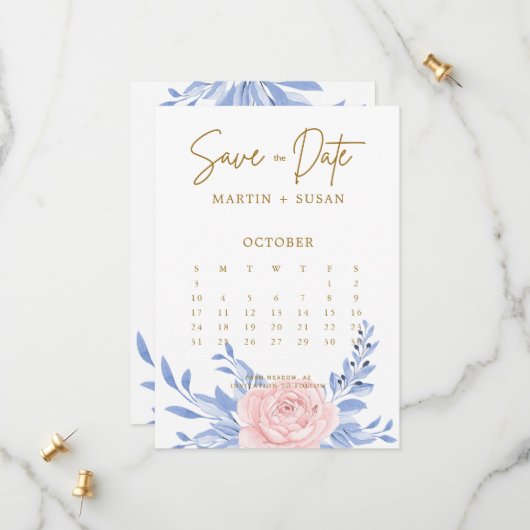 Dusty Blue Elegant Pink Floral Rustic Wedding Save The Date (Voorkant / Achterkant in situ)