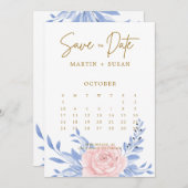 Dusty Blue Elegant Pink Floral Rustic Wedding Save The Date (Voorkant / Achterkant)