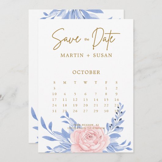 Dusty Blue Elegant Pink Floral Rustic Wedding Save The Date (Voorkant / Achterkant)