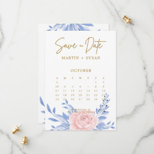 Dusty Blue Elegant Pink Floral Rustic Wedding Save The Date