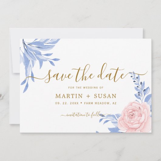 Dusty Blue Elegant Pink Floral Rustic Wedding Save The Date (Voorkant)