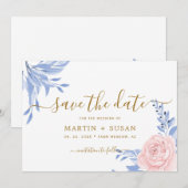 Dusty Blue Elegant Pink Floral Rustic Wedding Save The Date (Voorkant / Achterkant)