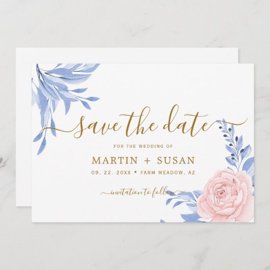Dusty Blue Elegant Pink Floral Rustic Wedding Save The Date (Voorkant / Achterkant)