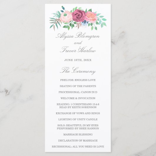 Dusty Blue Elegant Pink Floral Wedding Programmakaart (Voorkant)