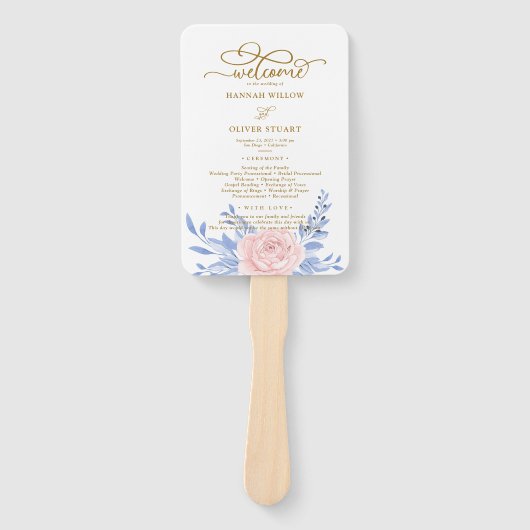 Dusty Blue Elegant Pink Floral Wedding Programs Handwaaier (Voorkant)