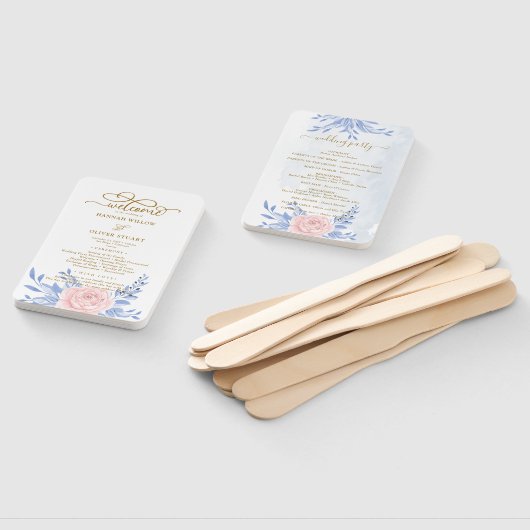 Dusty Blue Elegant Pink Floral Wedding Programs Handwaaier (Niet-gemonteerd)