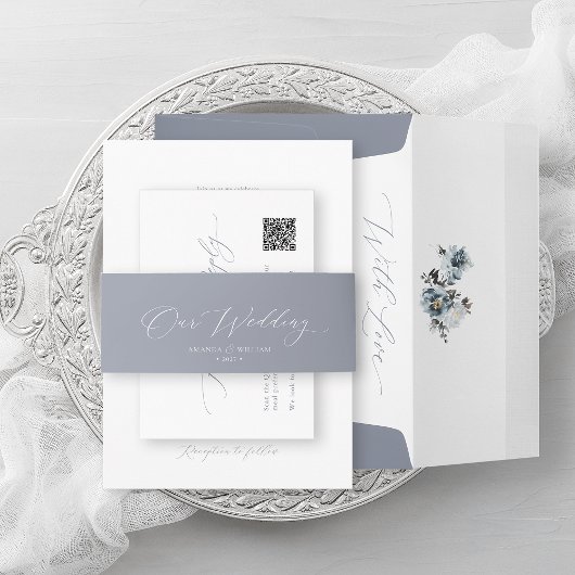 Dusty Blue Elegant QR Code RSVP Card Informatiekaartje