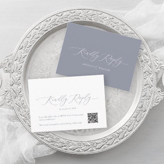 Dusty Blue Elegant QR Code RSVP Card Informatiekaartje