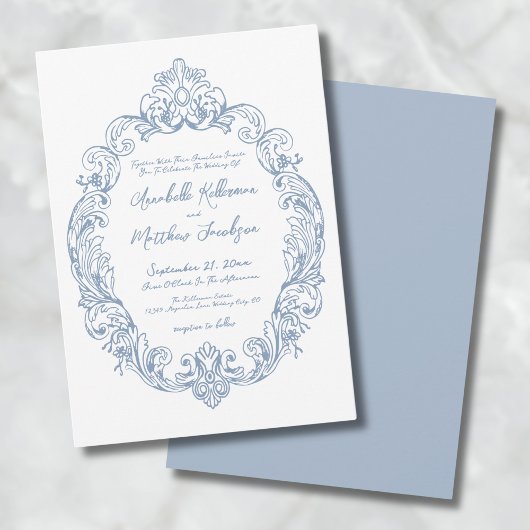 Dusty Blue Elegant Romantisch Vintage Wedding Kaart