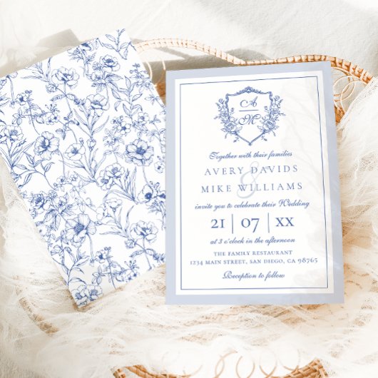Dusty Blue Elegant Rozen Crest Bruiloft Kaart