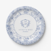Dusty Blue Elegant  Rozen Crest Bruiloft Papieren Bordje (Voorkant)