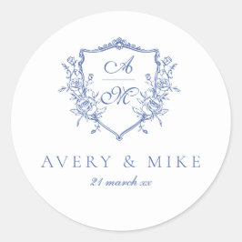 Dusty Blue Elegant  Rozen Crest Bruiloft Ronde Sticker