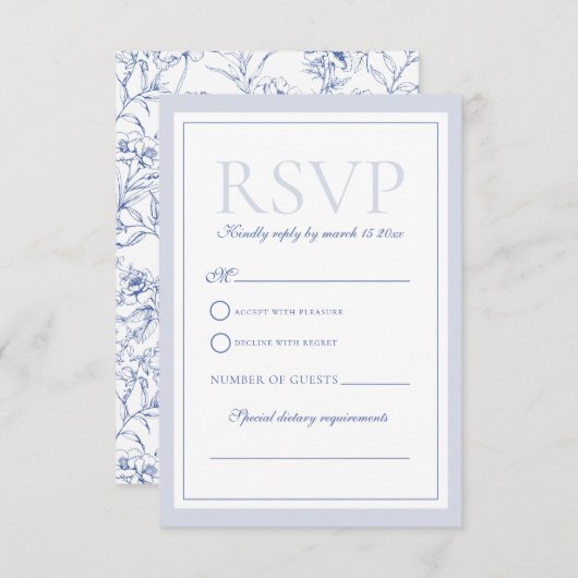 Dusty Blue Elegant  Rozen Crest Bruiloft RSVP Kaartje (Voorkant / Achterkant)