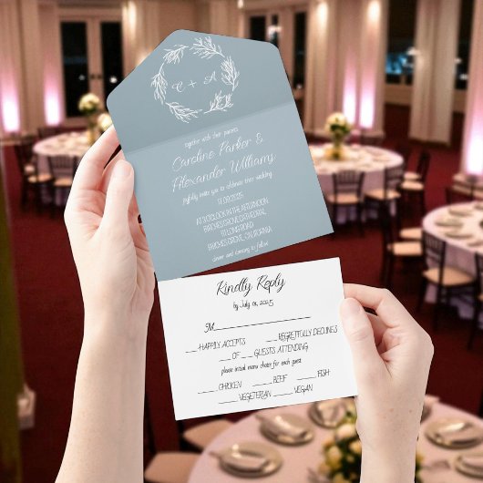 Dusty Blue Elegant Rustic Eucalyptus Unique All In One Uitnodiging