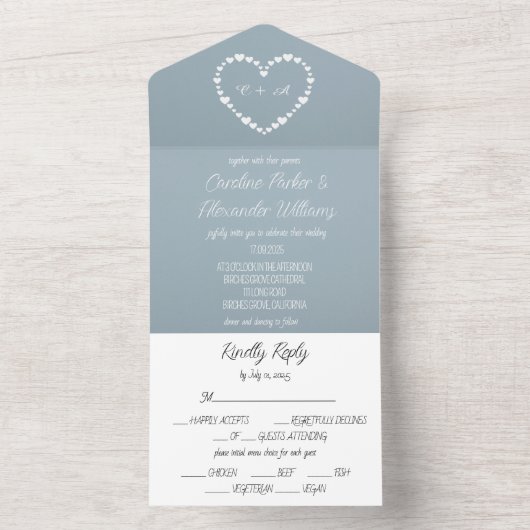 Dusty Blue Elegant Rustic Heart uniek in één All In One Uitnodiging (Binnen)