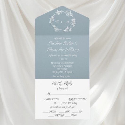 Dusty Blue Elegant Rustic Wreath Simple Unique  All In One Uitnodiging