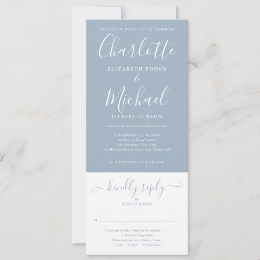 Dusty Blue Elegant Script All-in-One Weddenschap Kaart (Voorkant)
