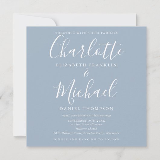 Dusty Blue Elegant Script All-in-One Weddenschap Kaart (Voorkant)