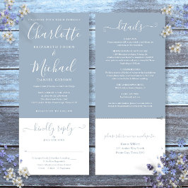 Dusty Blue Elegant Script All-in-One Weddenschap Kaart