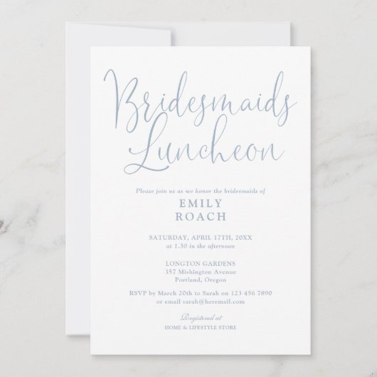 Dusty Blue Elegant Script Bridesmaids Luncheon Kaart (Voorkant)